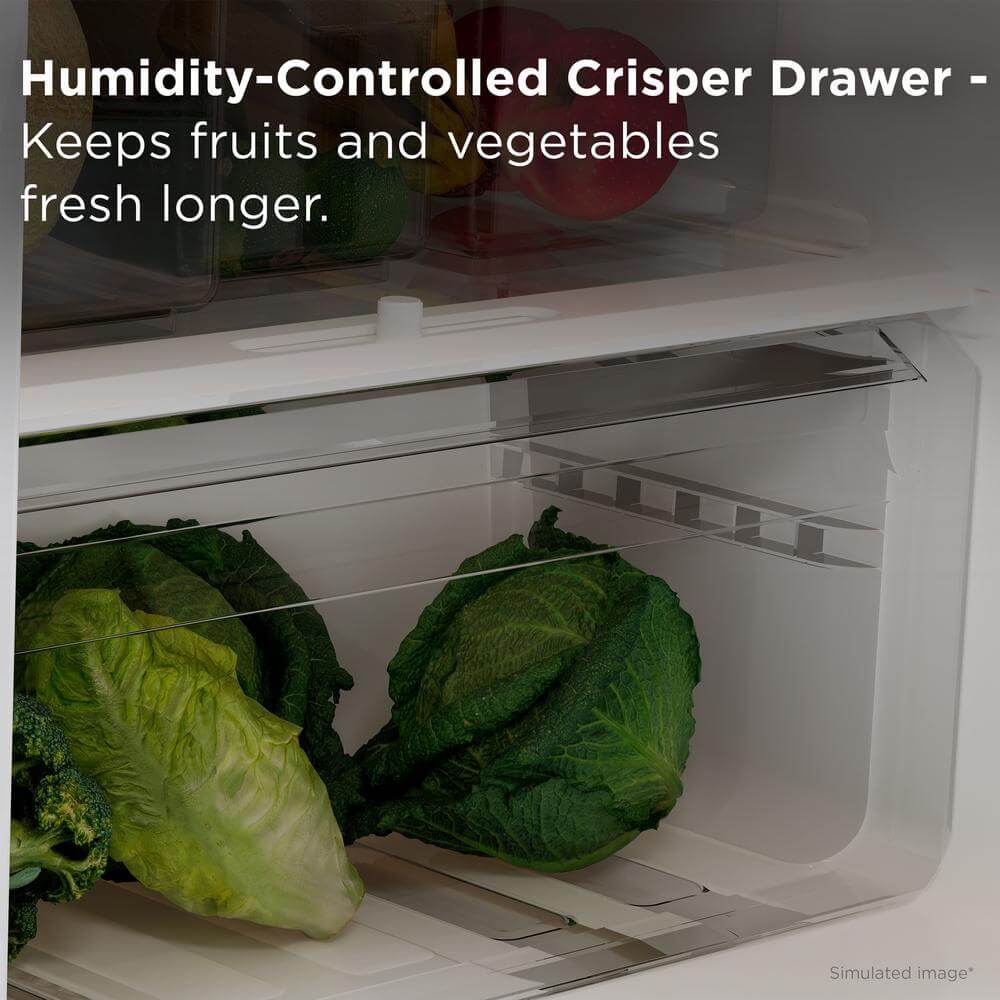 Humidity-controlled crisper drawer with fresh vegetables inside TCL 24 in. 10.1 Cu. Ft. Top Freezer Refrigerator in Black (TRT10T4AB).