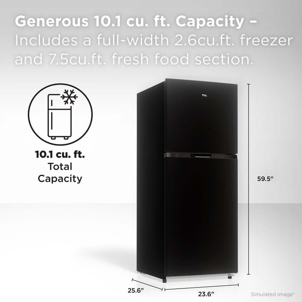 TCL 24 in. 10.1 Cu. Ft. Top Freezer Refrigerator in Black (TRT10T4AB) with capacity details on a white background