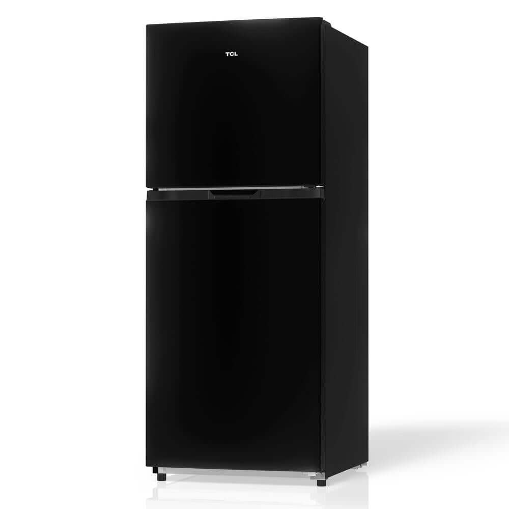 TCL 24 in. 10.1 Cu. Ft. Top Freezer Refrigerator in Black (TRT10T4AB) front, side.