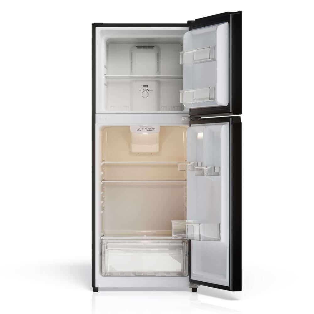 TCL 24 in. 10.1 Cu. Ft. Top Freezer Refrigerator in Black (TRT10T4AB) with open doors on a white background