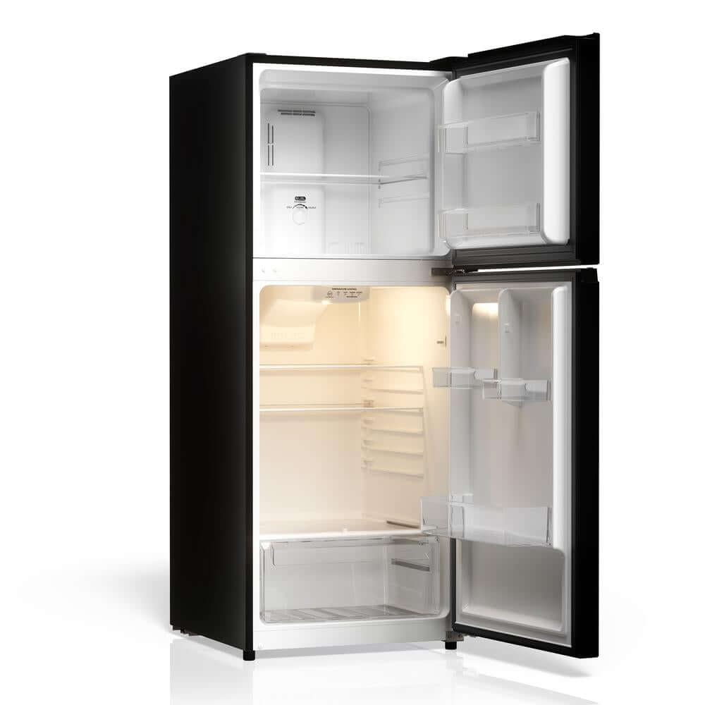 TCL 24 in. 10.1 Cu. Ft. Top Freezer Refrigerator in Black (TRT10T4AB) with open doors on a white background
