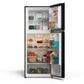 TCL 24 in. 10.1 Cu. Ft. Top Freezer Refrigerator in Black (TRT10T4AB) open with food items on a white background