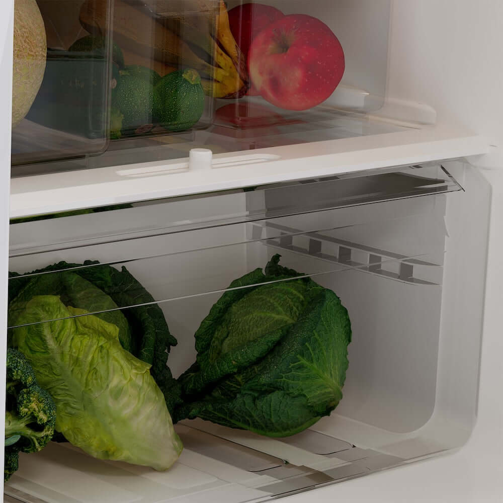 TCL 24 in. 10.1 Cu. Ft. Top Freezer Refrigerator in Silver (TRT10T4AL) showing fresh produce inside