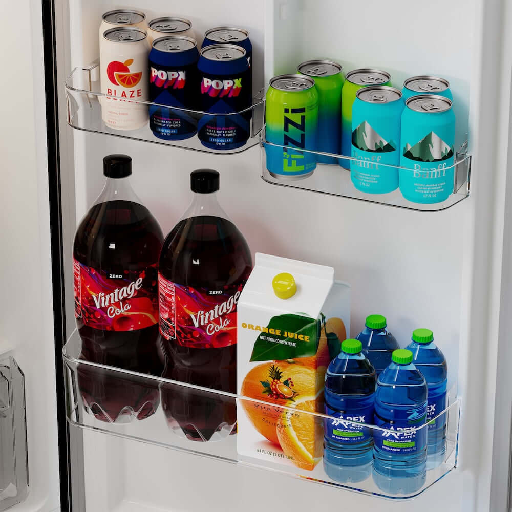 Open refrigerator door showing various drinks including sodas and juice boxes.