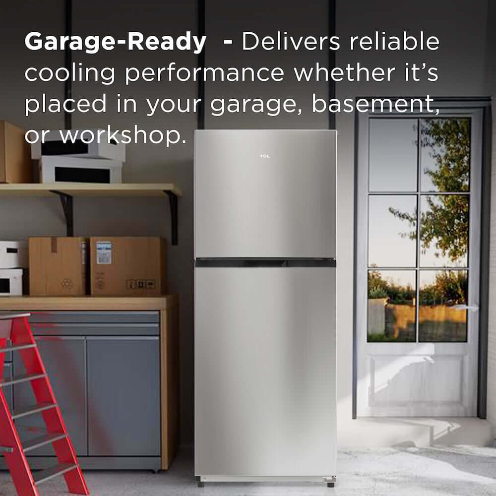 TCL 24 in. 10.1 Cu. Ft. Top Freezer Refrigerator in Silver (TRT10T4AL) in a garage setting with text about reliable cooling performance.