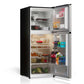 TCL 24 in. 10.1 Cu. Ft. Top Freezer Refrigerator in Silver (TRT10T4AL) side, open, with food items on a white background