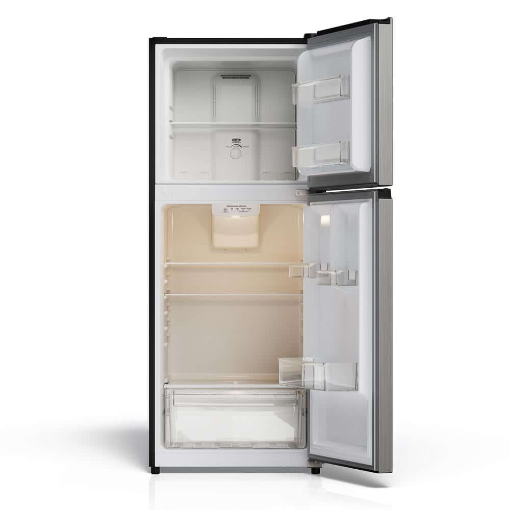 TCL 24 in. 10.1 Cu. Ft. Top Freezer Refrigerator in Silver (TRT10T4AL) with open doors on a white background