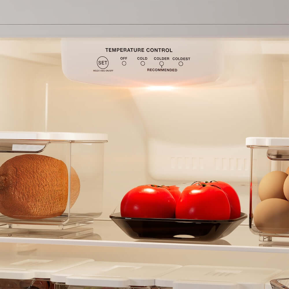 TCL 24 in. 10.1 Cu. Ft. Top Freezer Refrigerator in Silver (TRT10T4AL) shelf with temperature control panel, tomatoes, and eggs.