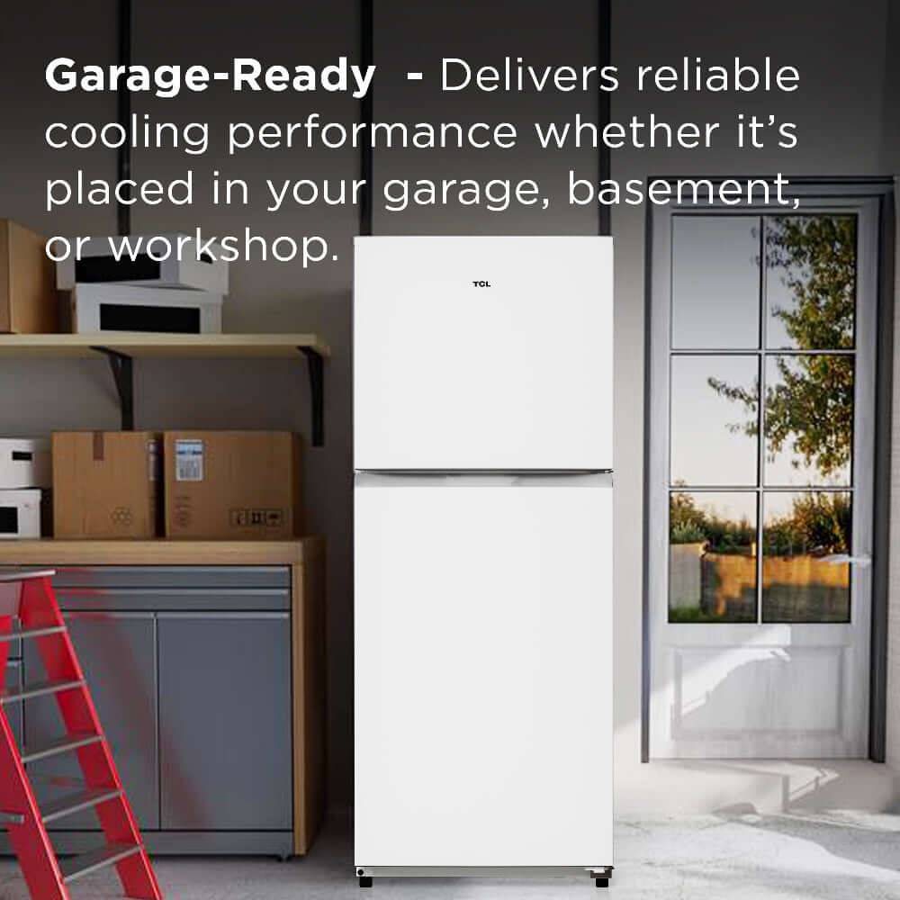 TCL 24 in. 10.1 Cu. Ft. Top Freezer Refrigerator in White (TRT10T4AW) in a garage setting with text about its reliability in various locations.