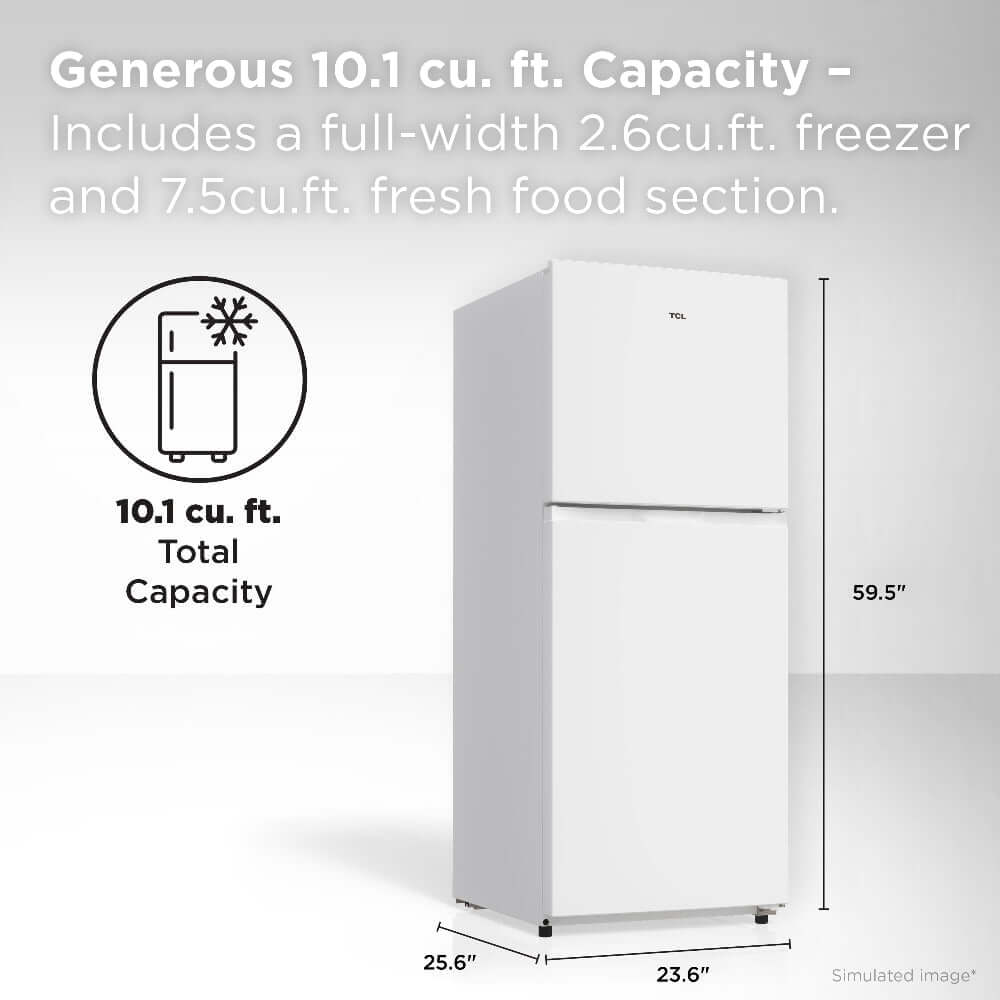 TCL 24 in. 10.1 Cu. Ft. Top Freezer Refrigerator in White (TRT10T4AW) with capacity details on a gray background