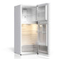 TCL 24 in. 10.1 Cu. Ft. Top Freezer Refrigerator in White (TRT10T4AW) with open doors on a white background