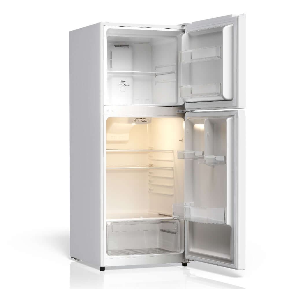 TCL 24 in. 10.1 Cu. Ft. Top Freezer Refrigerator in White (TRT10T4AW) with open doors on a white background