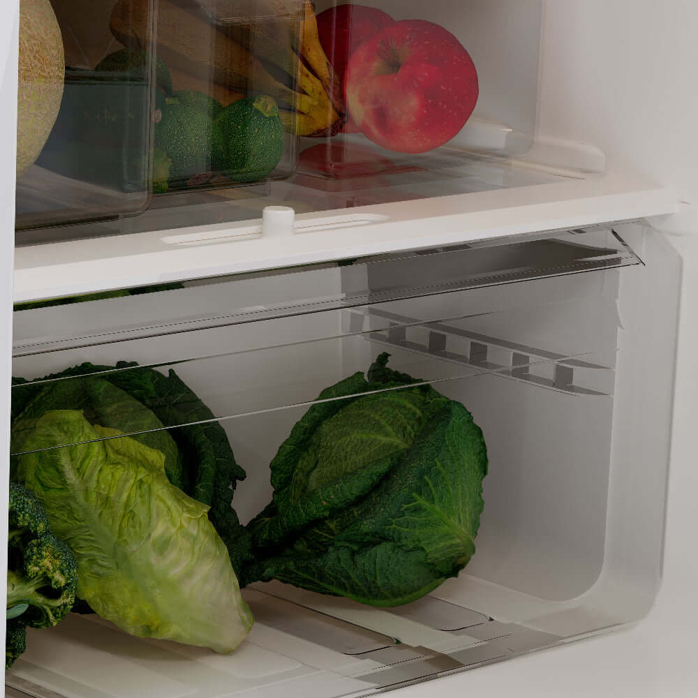 Open refrigerator door showing fresh produce inside