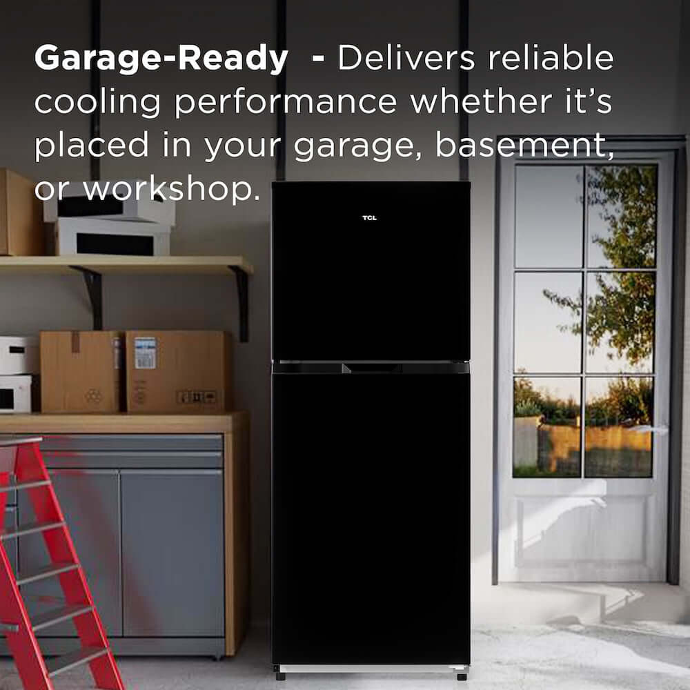 TCL 24 in. 11.6 Cu. Ft. Top Freezer Counter-Depth Refrigerator in Black (TRT12T4AB) in a garage setting with text about reliable cooling performance.
