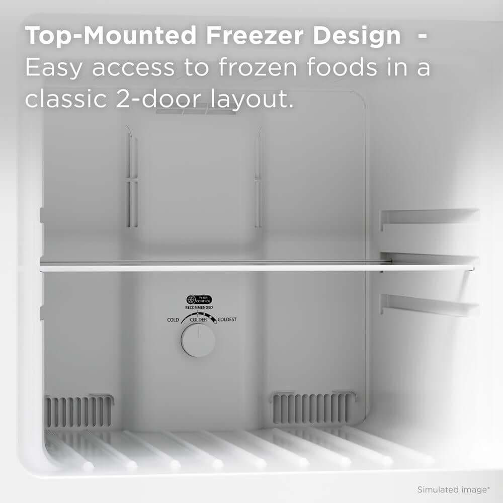 Open top-mounted freezer design on a gray background