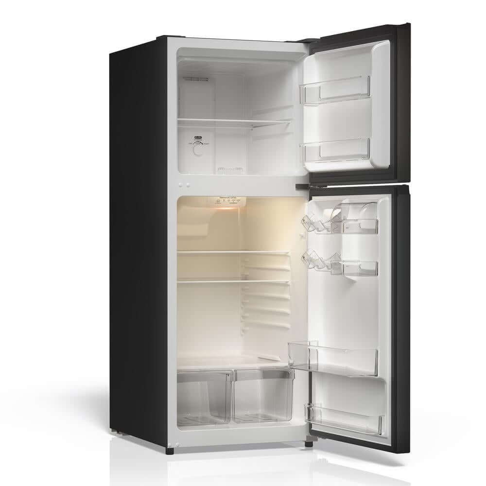 TCL 24 in. 11.6 Cu. Ft. Top Freezer Counter-Depth Refrigerator in Black (TRT12T4AB) with open doors on a white background