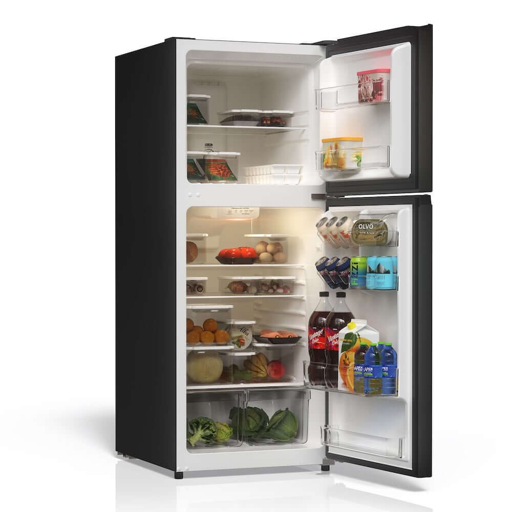 TCL 24 in. 11.6 Cu. Ft. Top Freezer Counter-Depth Refrigerator in Black (TRT12T4AB) with open doors showing various food items on a white background