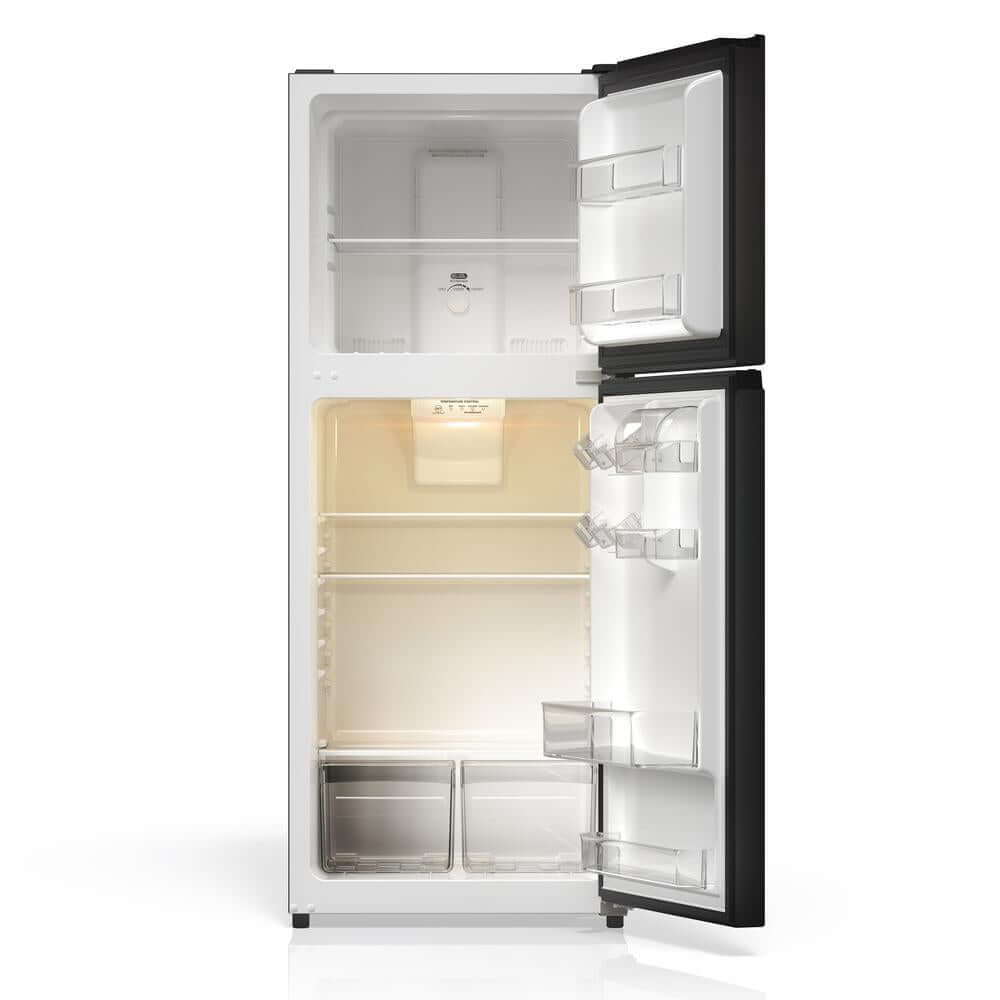 TCL 24 in. 11.6 Cu. Ft. Top Freezer Counter-Depth Refrigerator in Black (TRT12T4AB) with open door on a white background