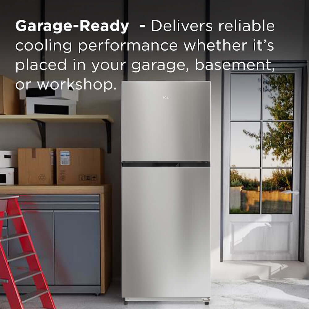 TCL 24 in. 11.6 Cu. Ft. Top Freezer Counter-Depth Refrigerator in Silver (TRT12T4AL) in a garage setting with text about reliable cooling performance.