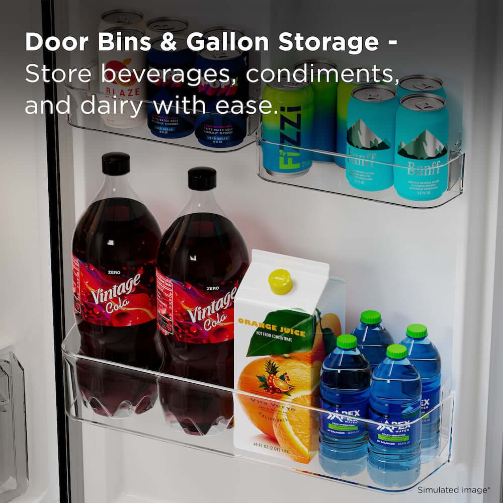 Door bins and gallon storage compartments filled with beverages and condiments.