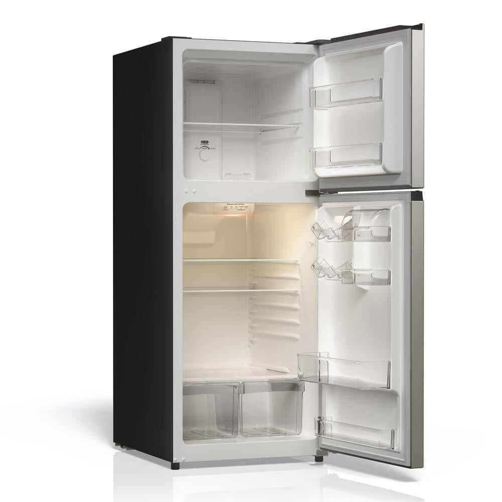 TCL 24 in. 11.6 Cu. Ft. Top Freezer Counter-Depth Refrigerator in Silver (TRT12T4AL) with open doors on a white background
