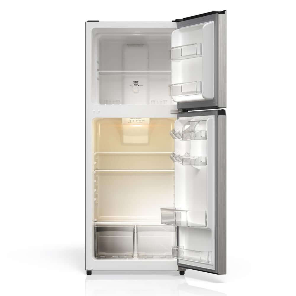 TCL 24 in. 11.6 Cu. Ft. Top Freezer Counter-Depth Refrigerator in Silver (TRT12T4AL) with open door on a white background