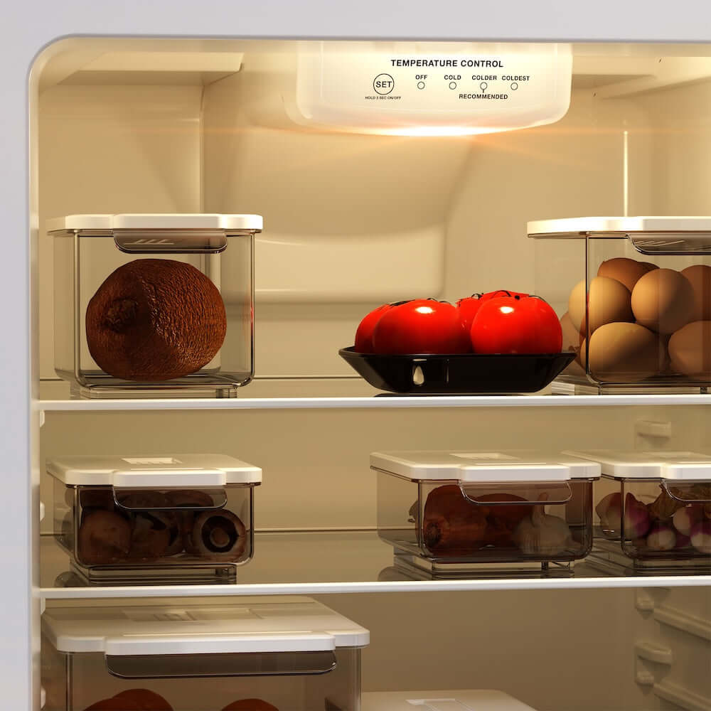 Refrigerator shelves with food items and temperature control panel.