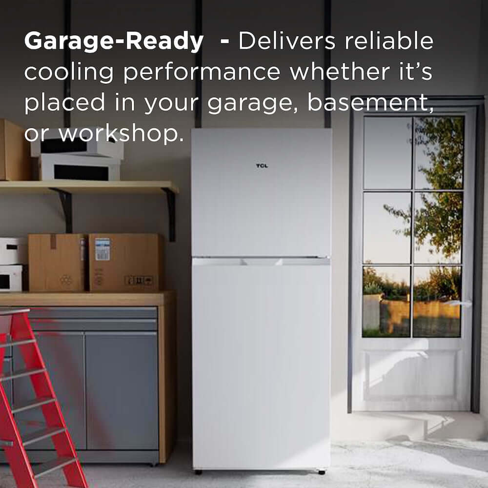 TCL 24 in. 11.6 Cu. Ft. Top Freezer Counter-Depth Refrigerator in White (TRT12T4AW) in a garage setting with text about its reliability in various locations.