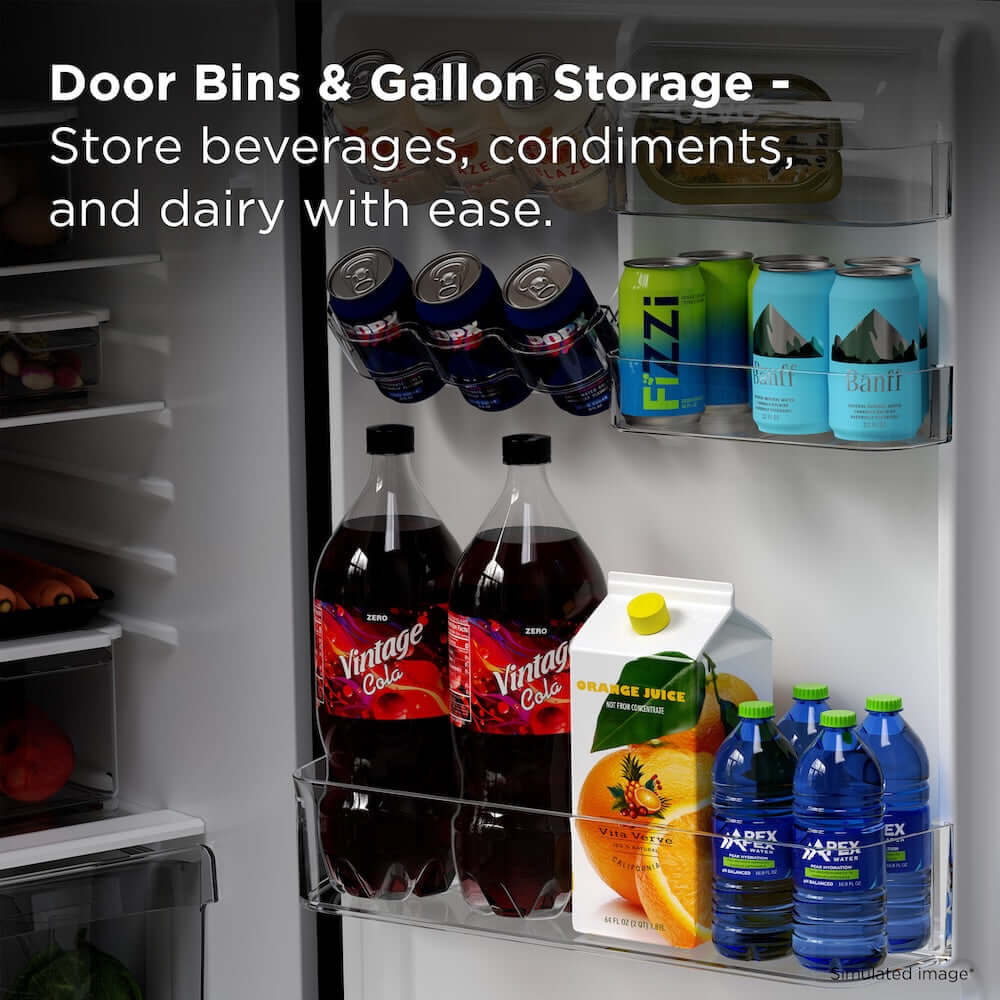 Refrigerator door with storage bins holding beverages and condiments.