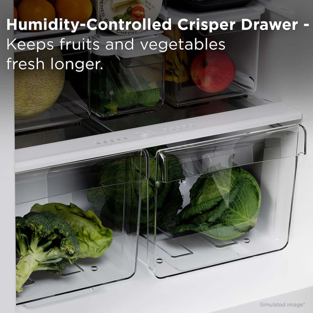 Humidity-controlled crisper drawer with fruits and vegetables inside, text indicating freshness improvement.
