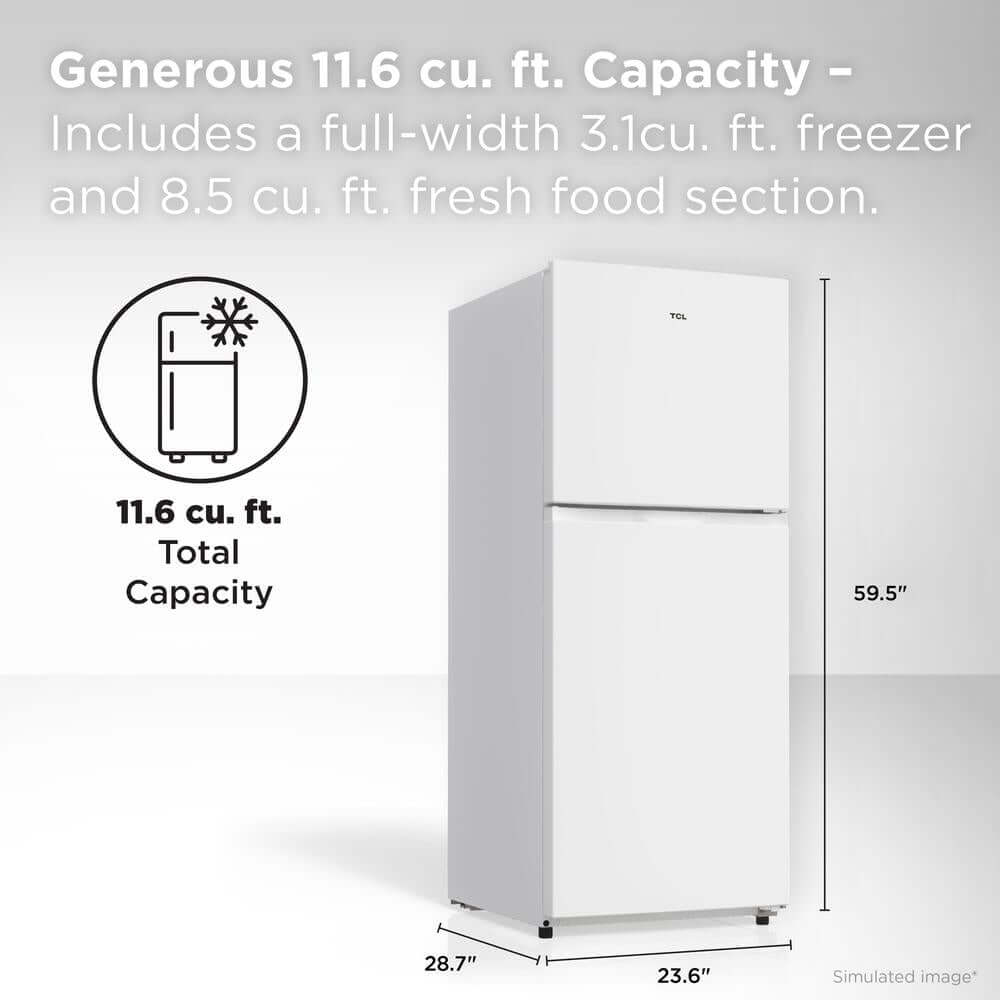 TCL 24 in. 11.6 Cu. Ft. Top Freezer Counter-Depth Refrigerator in White (TRT12T4AW) with text and icons detailing capacity and dimensions on a gray background