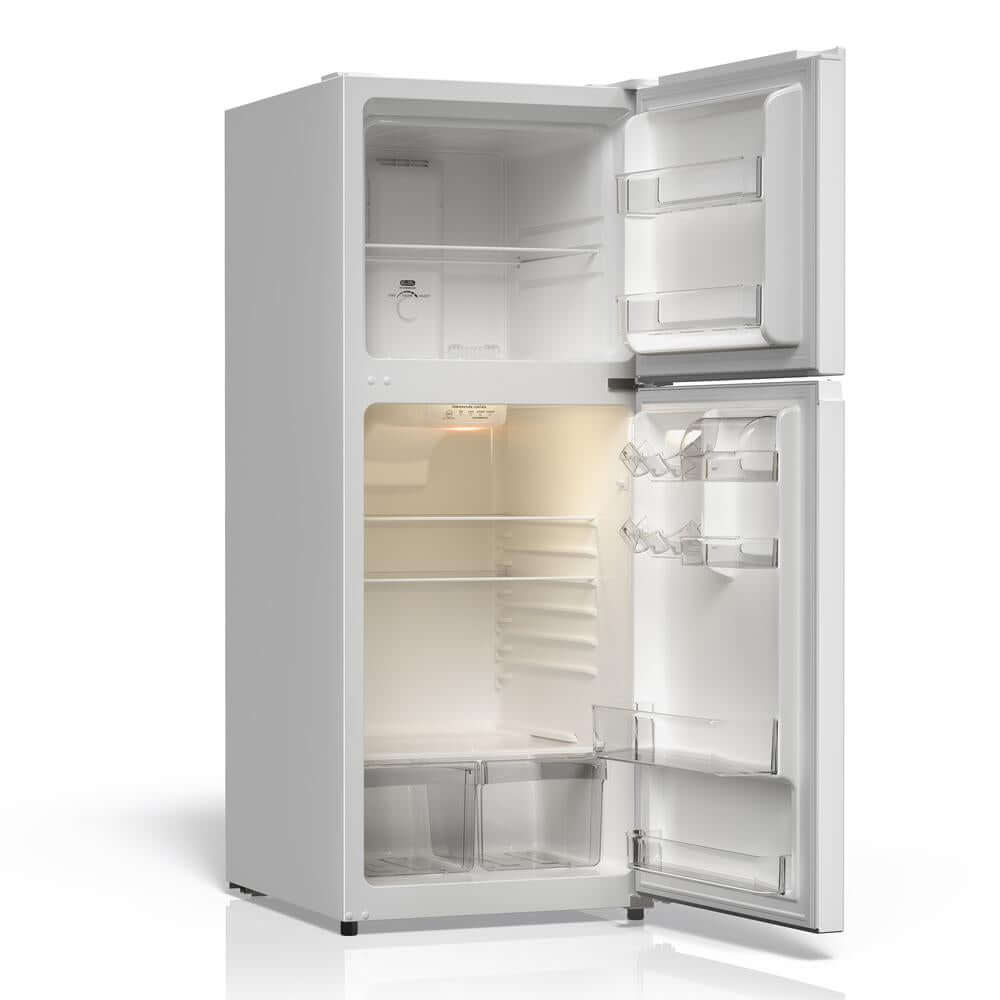 TCL 24 in. 11.6 Cu. Ft. Top Freezer Counter-Depth Refrigerator in White (TRT12T4AW) with open doors on a white background