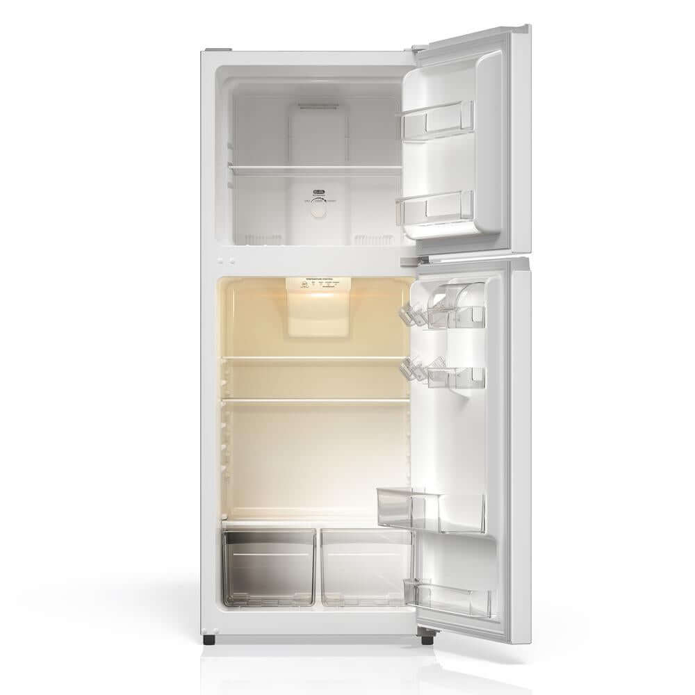 TCL 24 in. 11.6 Cu. Ft. Top Freezer Counter-Depth Refrigerator in White (TRT12T4AW) with open door on a white background