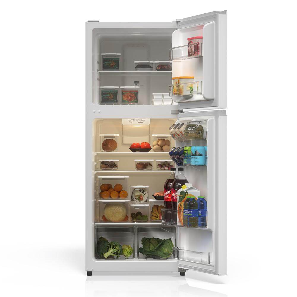 Open TCL 24 in. 11.6 Cu. Ft. Top Freezer Counter-Depth Refrigerator in White (TRT12T4AW) with various food items on a white background