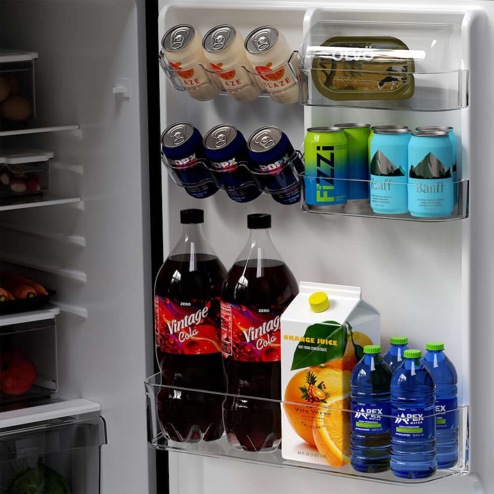 Open refrigerator with drinks on the door shelves