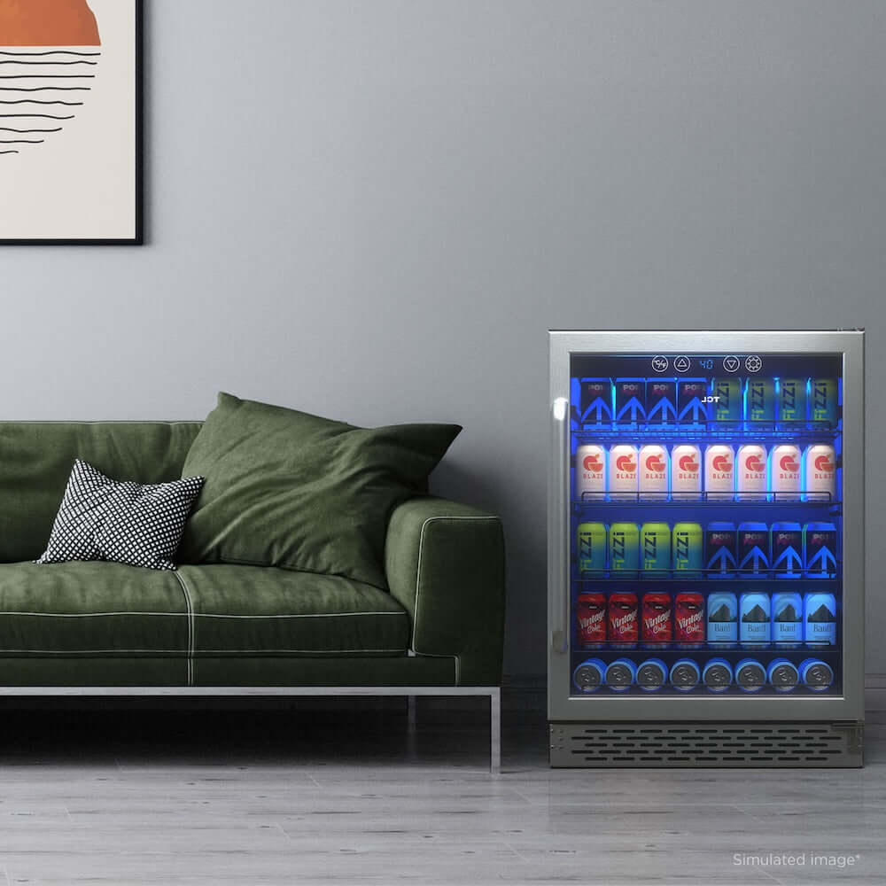 TCL 24 in. 161 Can 5.3 cu. ft.  Beverage Cooler with Stainless Steel Glass Door (TRV161BAS) with drinks in a living room setting