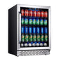 TCL 24 in. 161 Can 5.3 cu. ft.  Beverage Cooler with Stainless Steel Glass Door (TRV161BAS) with various drinks on a white background