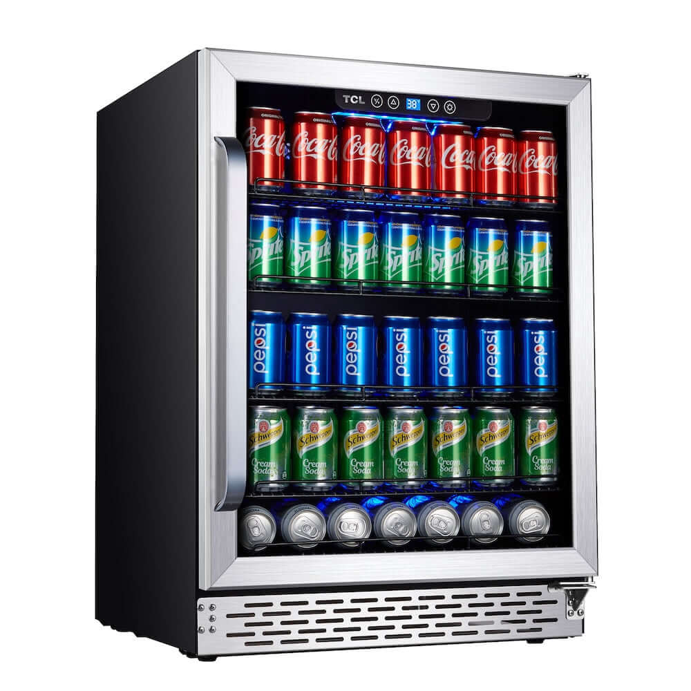 TCL 24 in. 161 Can 5.3 cu. ft.  Beverage Cooler with Stainless Steel Glass Door (TRV161BAS) with various drinks on a white background