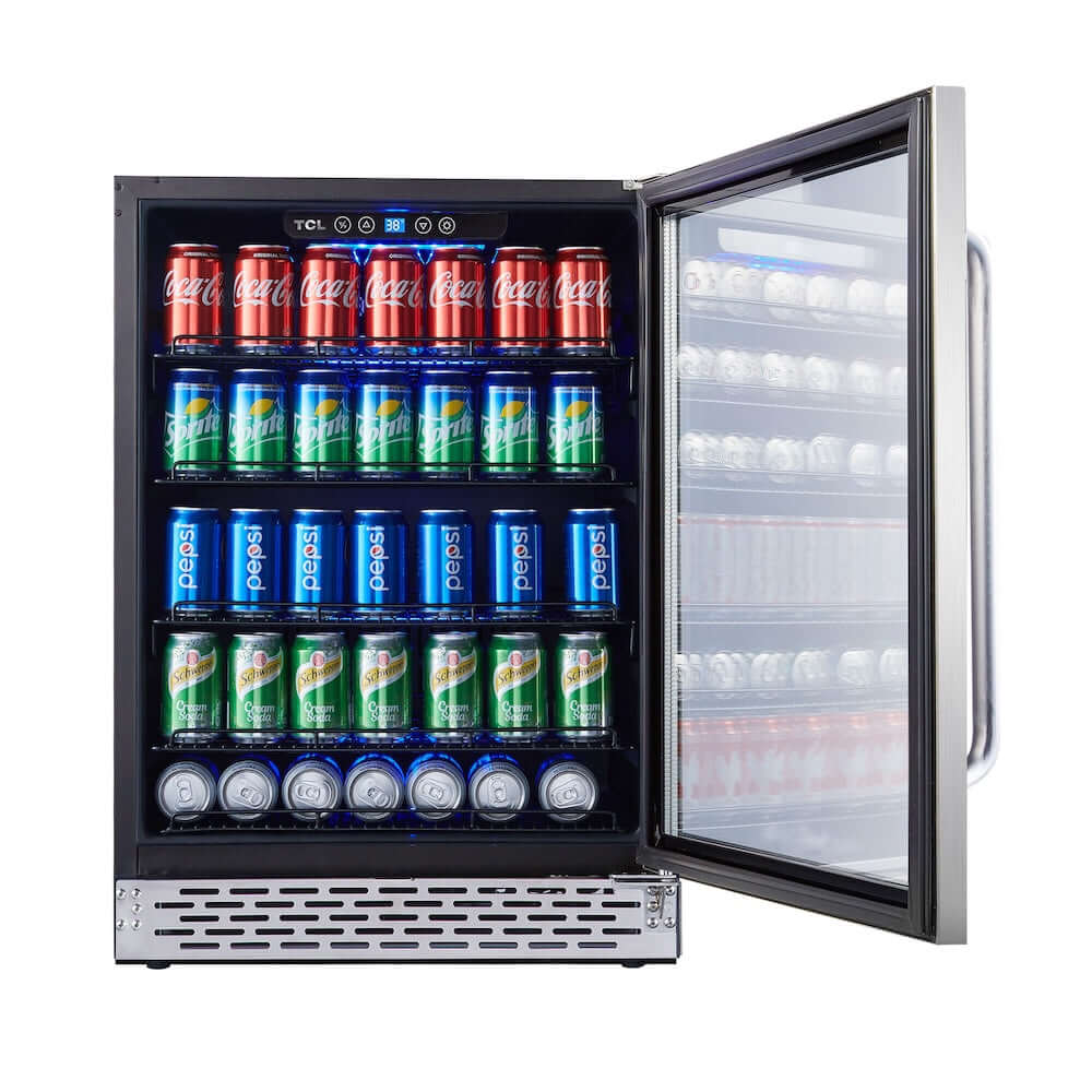 TCL 24 in. 161 Can 5.3 cu. ft.  Beverage Cooler with Stainless Steel Glass Door (TRV161BAS) with open door displaying various drinks.