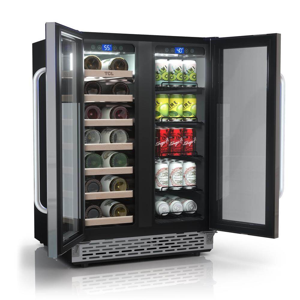 TCL 24 in. 20 Bottle 78 Can Dual Zone Wine Cooler with Glass Doors (TRD20B8AS) with open doors displaying bottles and cans on a white background