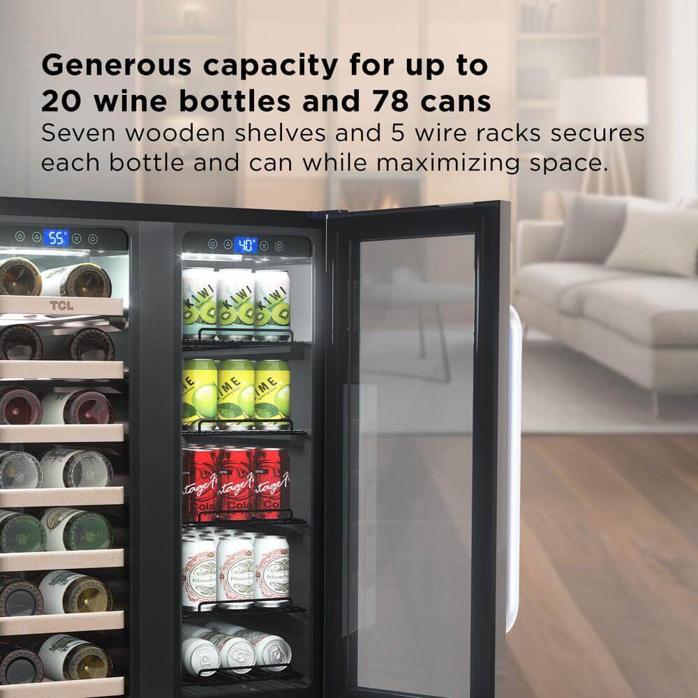 TCL wine and beverage cooler with drinks on shelves in a living room setting