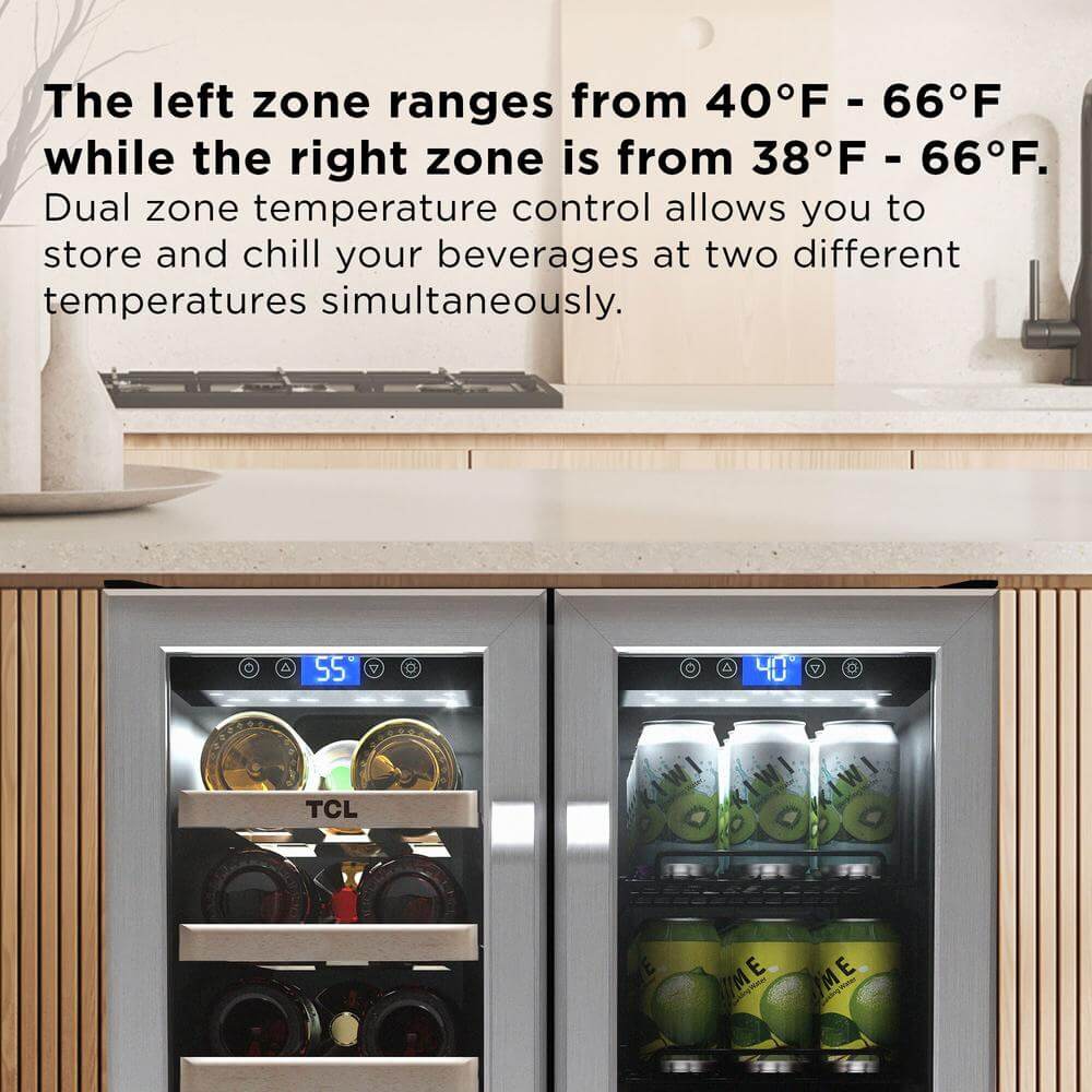 TCL 24 in. 20 Bottle 78 Can Dual Zone Wine Cooler with Glass Doors (TRD20B8AS) with temperature display on a kitchen counter.