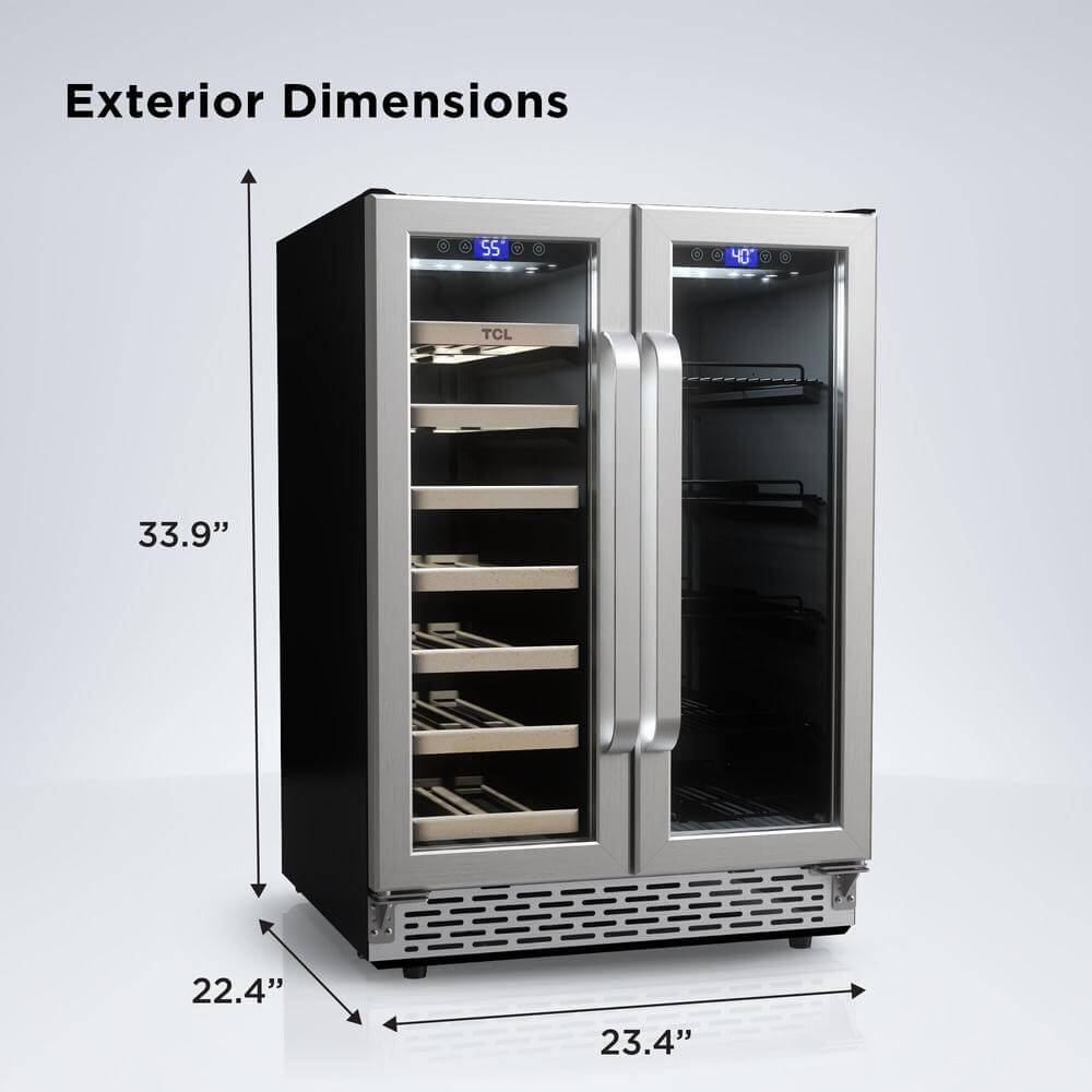 TCL 24 in. 20 Bottle 78 Can Dual Zone Wine Cooler with Glass Doors (TRD20B8AS) with dimensions labeled on a white background