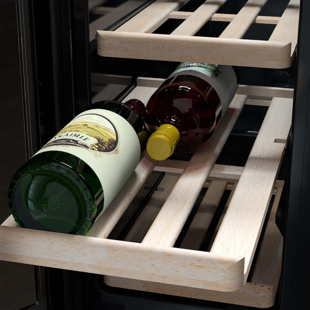 Wine bottles in a wooden wine rack inside TCL 24 in. 20 Bottle 78 Can Dual Zone Wine Cooler with Glass Doors (TRD20B8AS)
