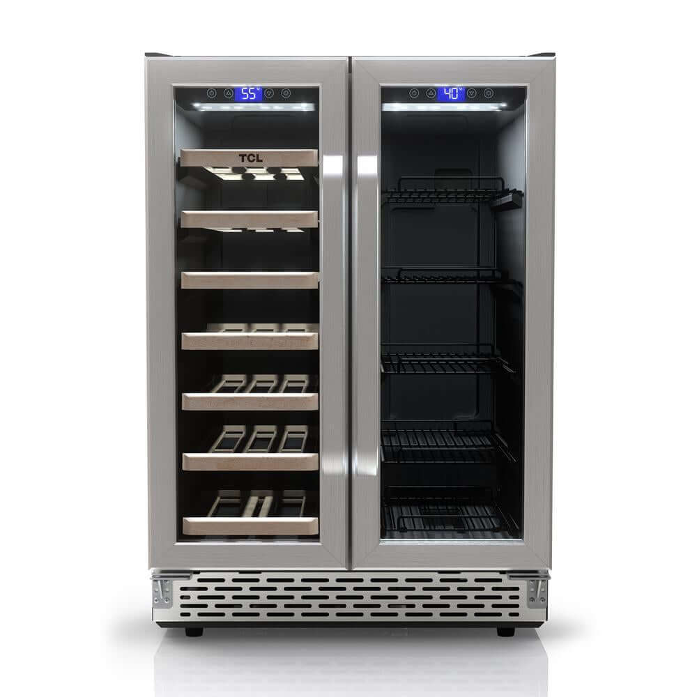 TCL 24 in. 20 Bottle 78 Can Dual Zone Wine Cooler with Glass Doors (TRD20B8AS) front.