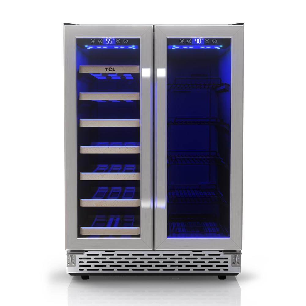 TCL 24 in. 20 Bottle 78 Can Dual Zone Wine Cooler with Glass Doors (TRD20B8AS) with blue interior lighting on a white background