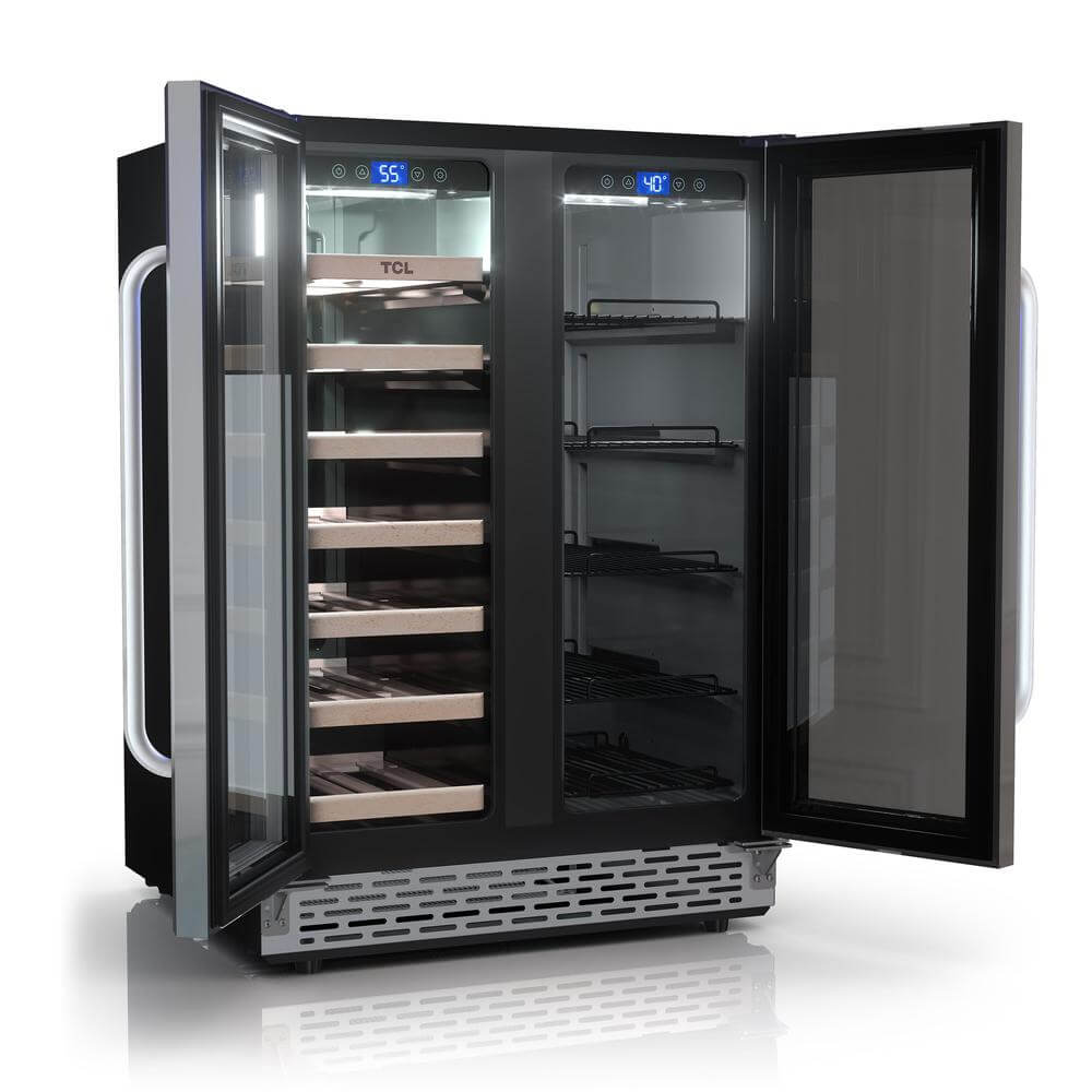 TCL 24 in. 20 Bottle 78 Can Dual Zone Wine Cooler with Glass Doors (TRD20B8AS) with open doors on a white background