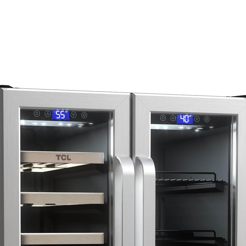 TCL 24 in. 20 Bottle 78 Can Dual Zone Wine Cooler with Glass Doors (TRD20B8AS) dual zone digital temperature display on a white background