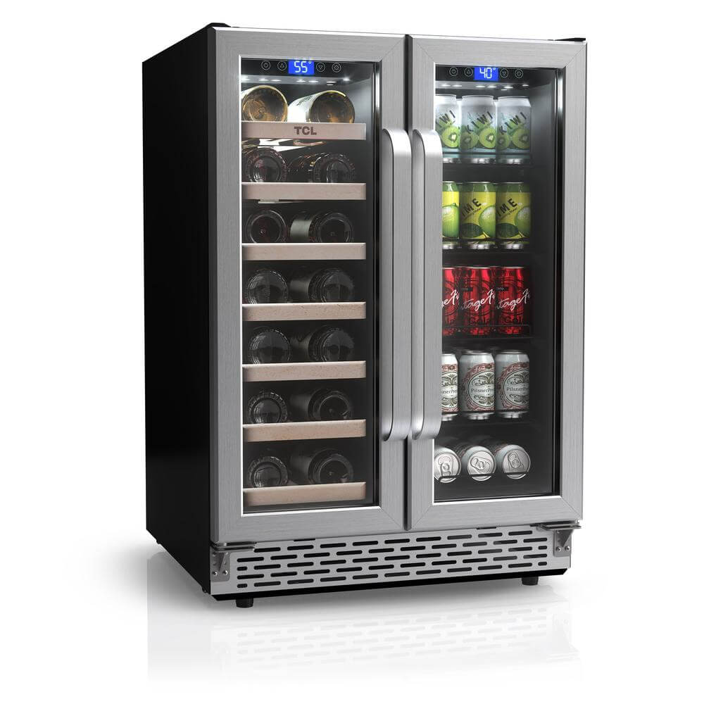 TCL 24 in. 20 Bottle 78 Can Dual Zone Wine Cooler with Glass Doors (TRD20B8AS) with wine and cans behind glass doors on a white background