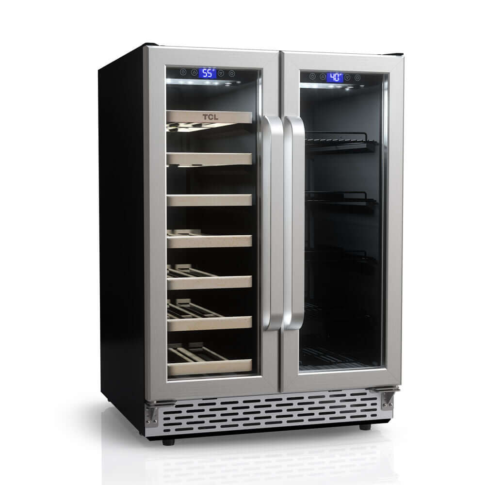 TCL 24 in. 20 Bottle 78 Can Dual Zone Wine Cooler with Glass Doors (TRD20B8AS)